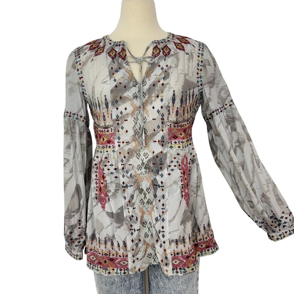 Johnny Was Deliza Silk Embroidered Long Sleeve Tunic Top Blouse Gray Boho XS